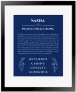 Sasha custom name print for wall display in deep blue with black matte frame