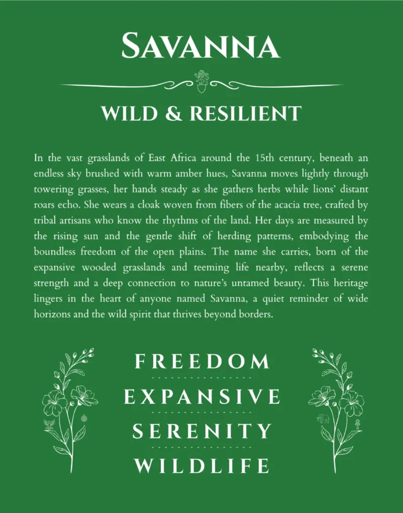 Savanna name origin print with meaning and traits in dark green