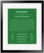 Savanna name origin print with meaning and traits in dark green with black matte frame