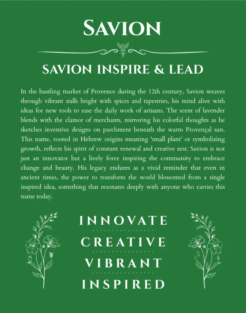 Savion personalized name print with origin and traits in dark green