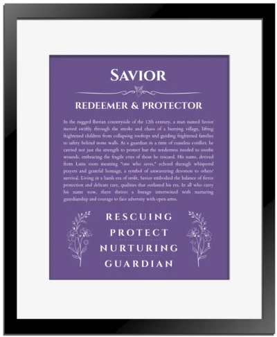 Savior custom name meaning print in purple with black matte frame