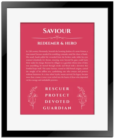 Saviour personalized wall art with the story of your name in red with black matte frame