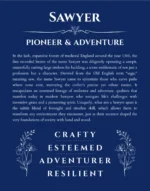 Sawyer personalized name art with origin story in deep blue