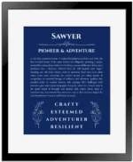Sawyer personalized name art with origin story in deep blue with black matte frame