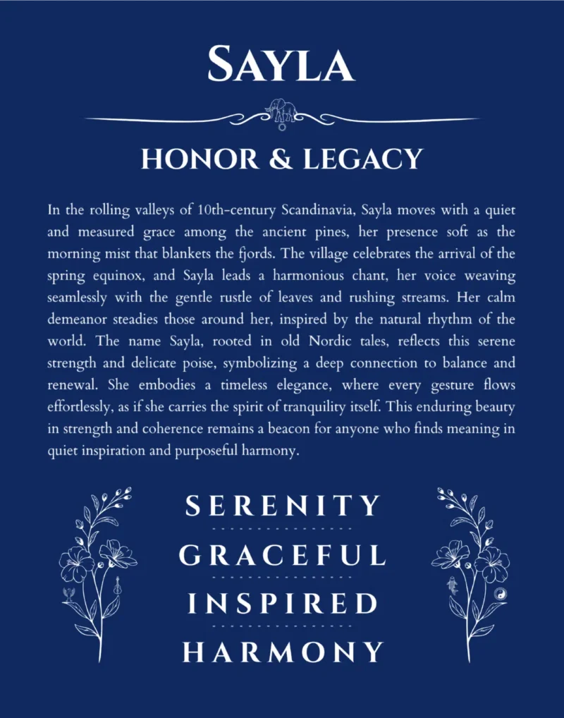 Sayla personalized name art with origin story in deep blue