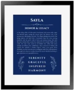 Sayla personalized name art with origin story in deep blue with black matte frame