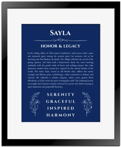 Sayla personalized name art with origin story in deep blue with black matte frame