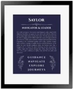 Saylor personalized name art with origin story in navy blue with black matte frame