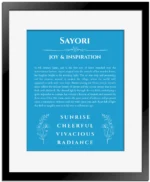Sayori personalized name print with origin and traits in blue with black matte frame