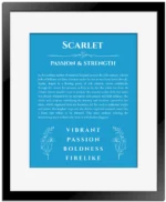Scarlet personalized name art with origin story in blue with black matte frame