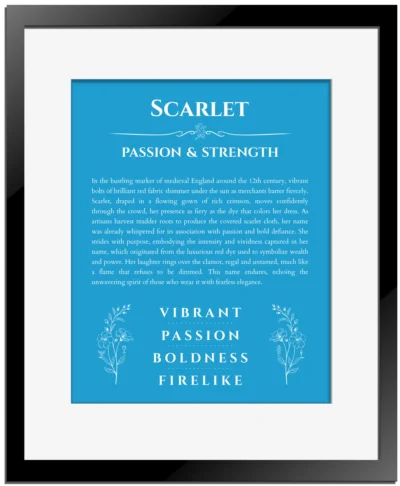 Scarlet personalized name art with origin story in blue with black matte frame