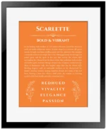 Scarlette personalized wall art with the story of your name in orange with black matte frame