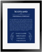 Scotland personalized name art with origin story in deep blue with black matte frame