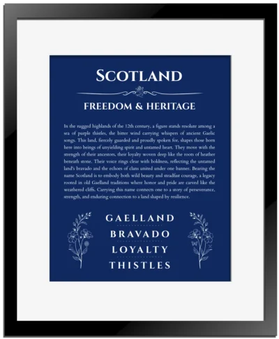 Scotland personalized name art with origin story in deep blue with black matte frame