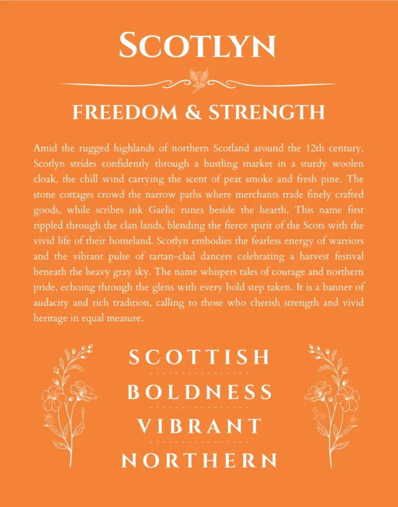 Scotlyn custom name art showing meaning and origin in orange