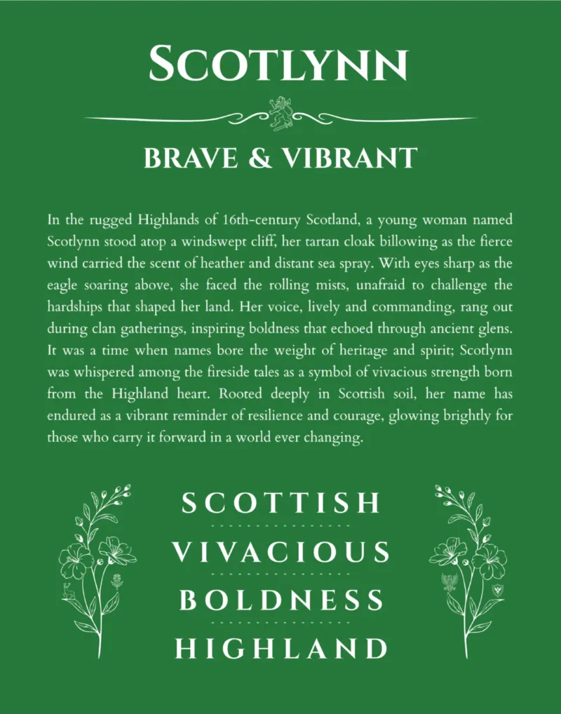 Scotlynn custom name art showing meaning and origin in dark green