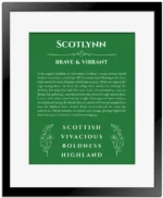Scotlynn custom name art showing meaning and origin in dark green with black matte frame