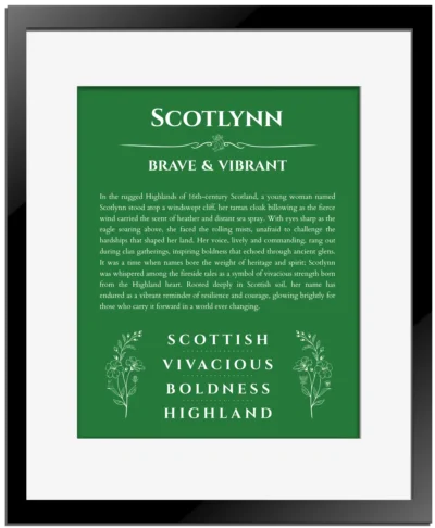 Scotlynn custom name art showing meaning and origin in dark green with black matte frame