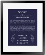 Scott personalized name art with origin story in navy blue with black matte frame