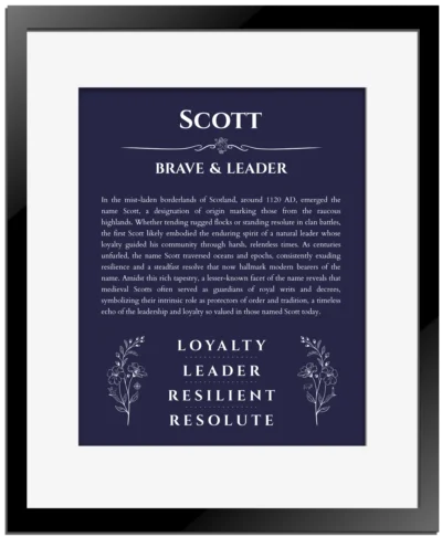 Scott personalized name art with origin story in navy blue with black matte frame