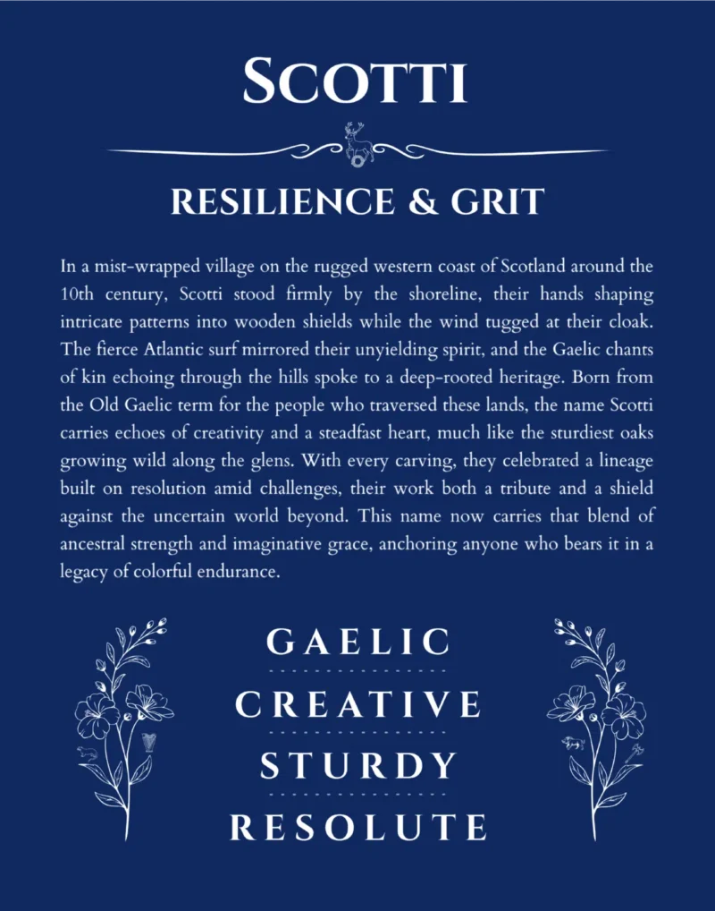 Scotti personalized name print with origin and traits in deep blue