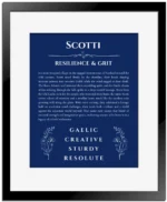 Scotti personalized name print with origin and traits in deep blue with black matte frame