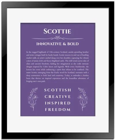 Scottie personalized name meaning print in purple with black matte frame