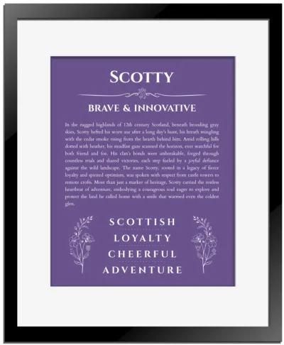 Scotty personalized name meaning print in purple with black matte frame