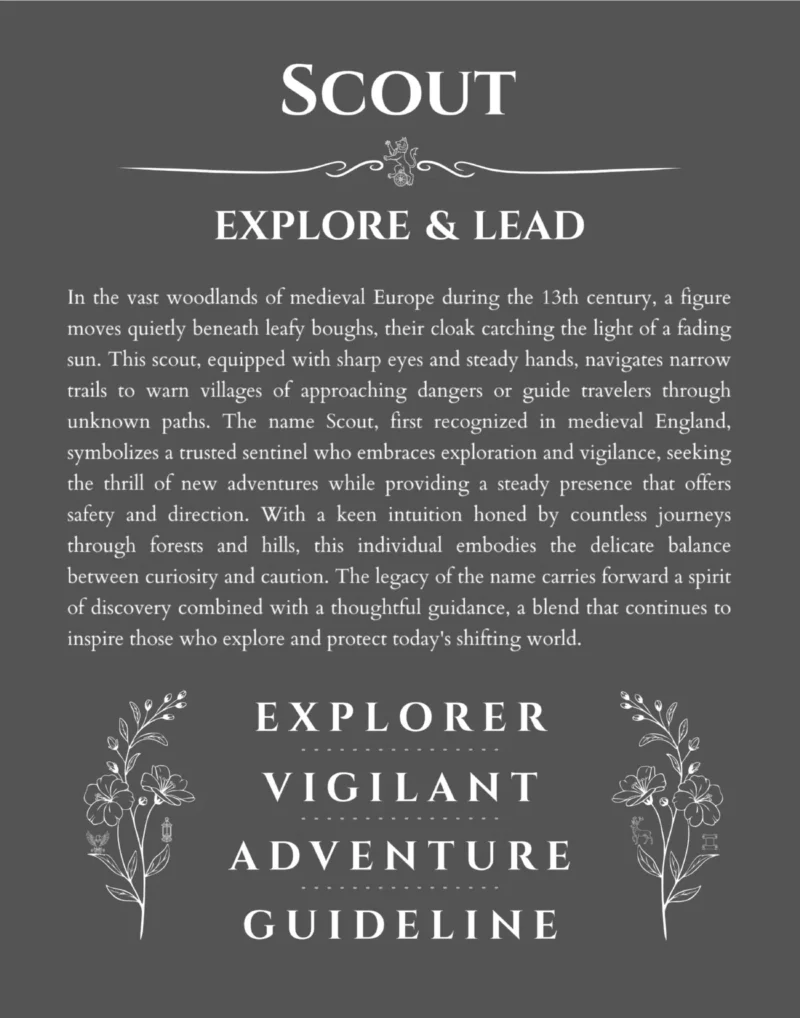 Scout personalized name print with origin and traits in gray