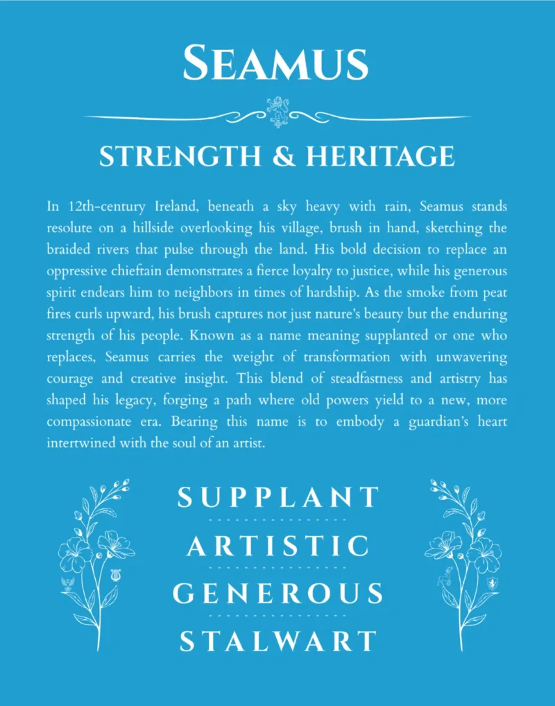 Seamus personalized name art with origin story in blue