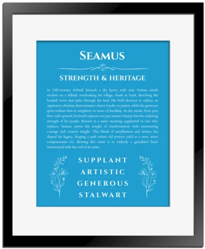Seamus personalized name art with origin story in blue with black matte frame