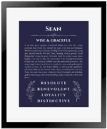 Sean personalized name art with origin story in navy blue with black matte frame
