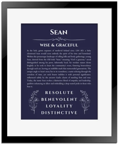 Sean personalized name art with origin story in navy blue with black matte frame