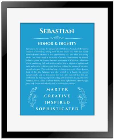 Sebastian personalized name meaning print in blue with black matte frame