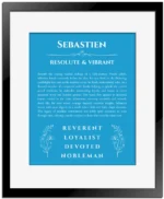 Sebastien personalized name meaning print in blue with black matte frame