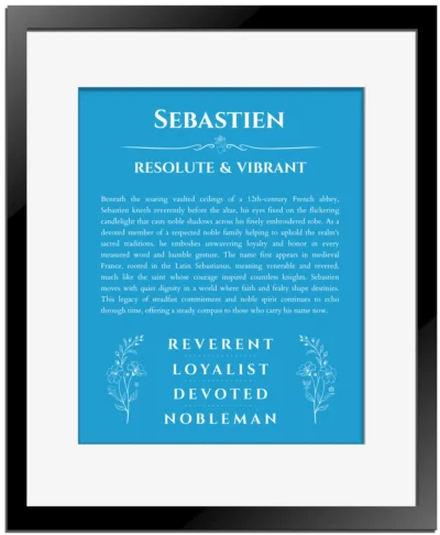 Sebastien personalized name meaning print in blue with black matte frame