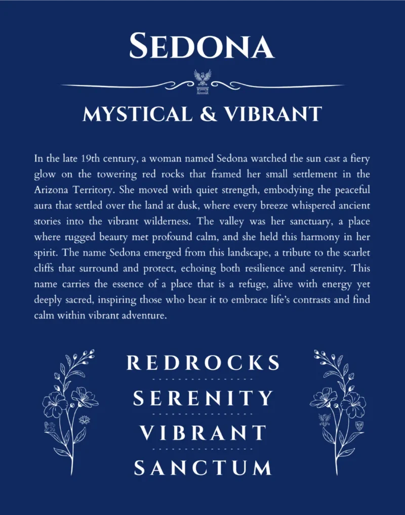 Sedona custom name art showing meaning and origin in deep blue