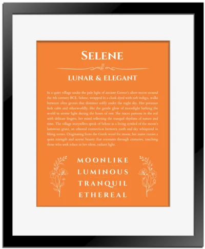 Selene personalized wall art with the story of your name in orange with black matte frame
