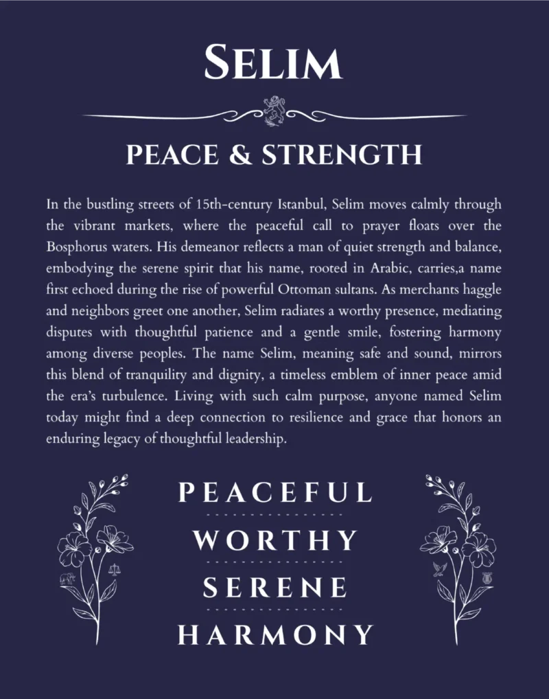 Selim name origin print with meaning and traits in navy blue