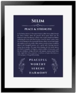 Selim name origin print with meaning and traits in navy blue with black matte frame