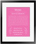 Selma personalized wall art with the story of your name in pink with black matte frame