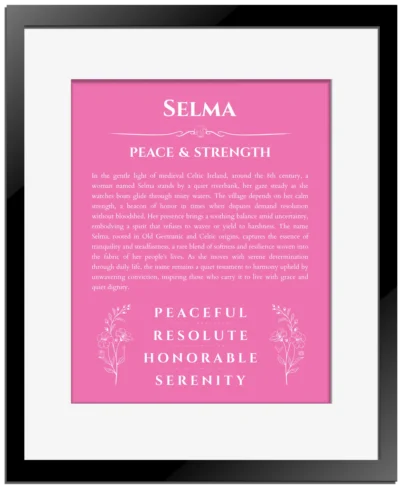 Selma personalized wall art with the story of your name in pink with black matte frame