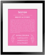 Selvin custom name meaning print in pink with black matte frame