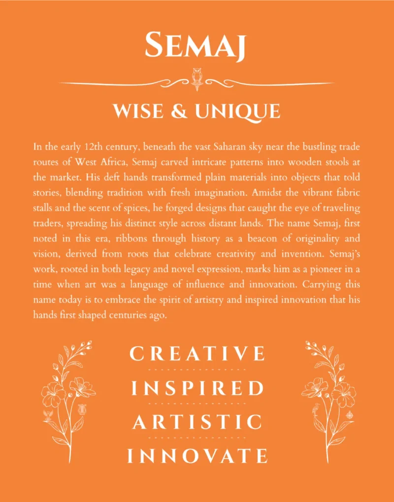 Semaj name origin print with meaning and traits in orange