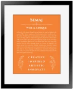 Semaj name origin print with meaning and traits in orange with black matte frame