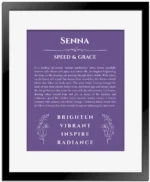 Senna personalized wall art with the story of your name in purple with black matte frame