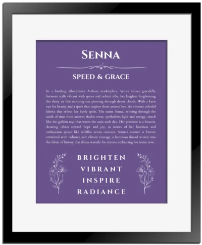 Senna personalized wall art with the story of your name in purple with black matte frame