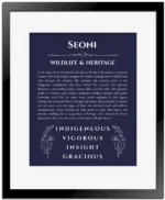 Seoni custom name meaning print in navy blue with black matte frame