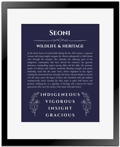 Seoni custom name meaning print in navy blue with black matte frame