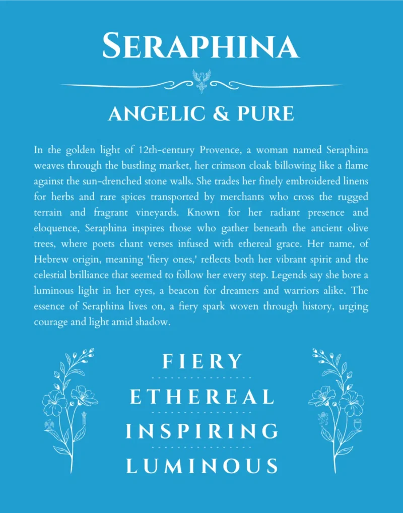 Seraphina name origin print with meaning and traits in blue